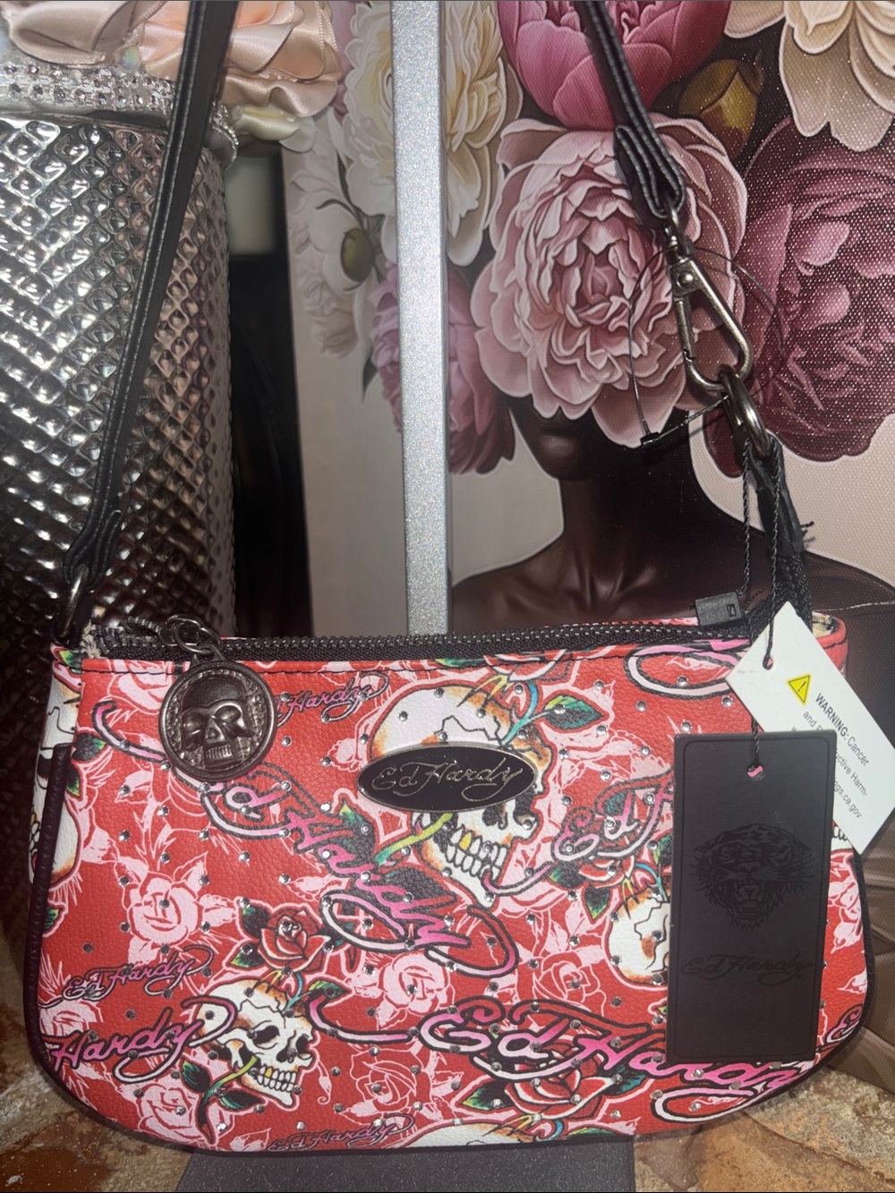 Ed Hardy Red Skull & Rose Shoulder Bag with Black Strap